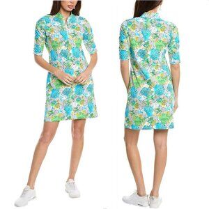 IBKUL Ruched Sleeve Sporty DRESS Size S UPF 50+ Zip Neck Pockets Lime Multi NEW